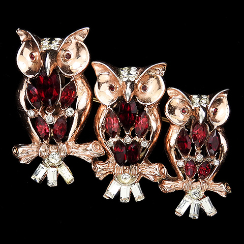 Corocraft Sterling Gold and Ruby 'Night Owls' Bird Pin Clips Triquette