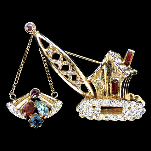 Coro Gold Pave and Multicolour Stones Steam Shovel on Caterpillar Tracks Mechanical Crane Pin