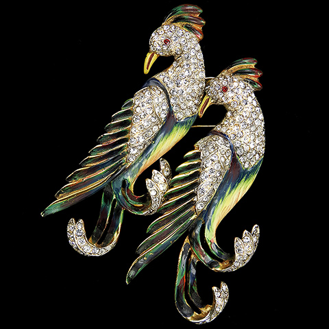 Corocraft Sterling Gold Pave and Enamel Pair of Jay Birds Pin Clip Duette