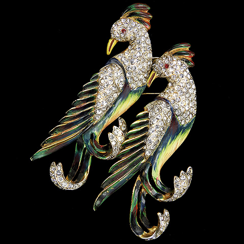 Corocraft Sterling Gold Pave and Enamel Pair of Jay Birds Pin Clip Duette