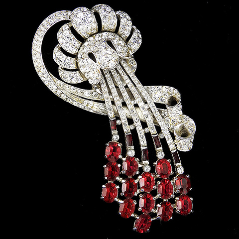Coro Pave and Rubies Openwork Floral Swirl with Bow Giant Flower Pin