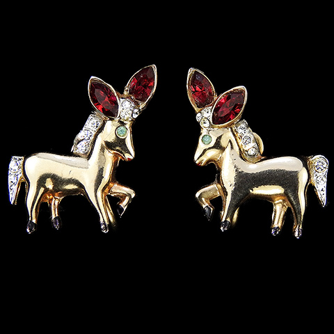 Coro Gold Pave and Ruby 'Dancing Donkey' Screwback Earrings
