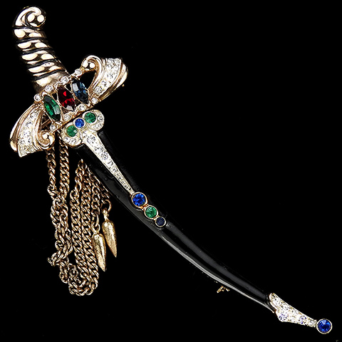 Corocraft Sterling Gold Pave Black Enamel and Multicolour Stones Scimitar Sword in Scabbard Pin or Chatelaine Pins