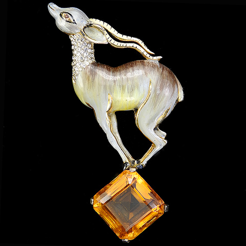 Corocraft Sterling Antelope or Gazelle on Square Cut Topaz Rock Pin