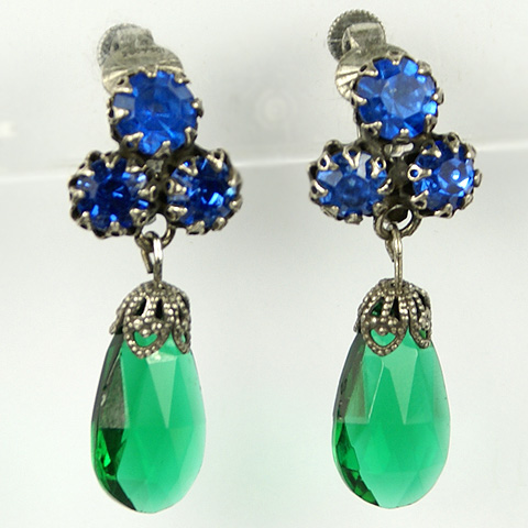 Vendome Sapphire Trefoil and Pendant Emerald Teardrop Clip Earrings
