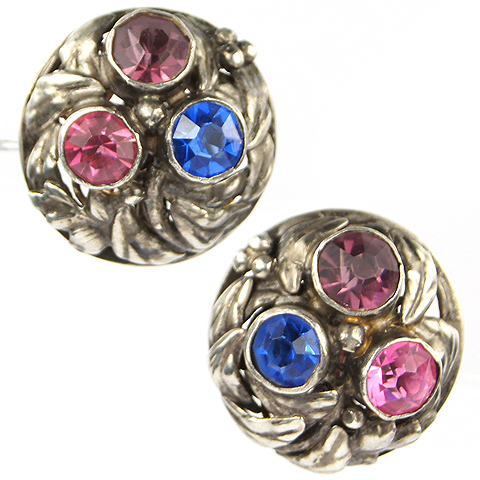 Hobe Sterling Leaves with Amethyst Pink Topaz and Sapphire Highlights Clip Earrings