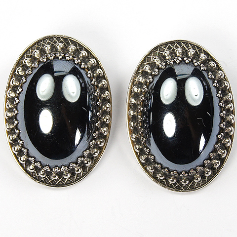 Whiting & Davis Hematite Oval Cabochon Clip Earrings