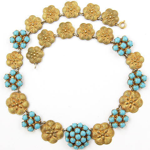 Fishel Nessler Deco Gold Floral Roundels and Turquoise Hexagon Clusters Choker Necklace