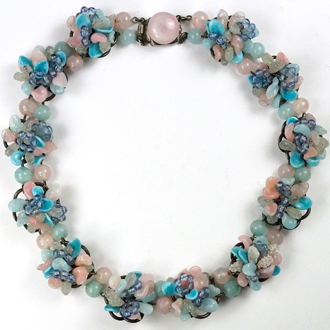 Rousselet Made in France Pastel Pink and Blue Poured Glass Flower Clusters Choker Necklace