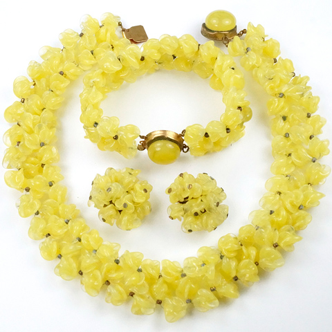 Rousselet Made in France Pastel Yellow Poured Glass Flower Clusters Choker Necklace, Bracelet and Clip Earrings Set