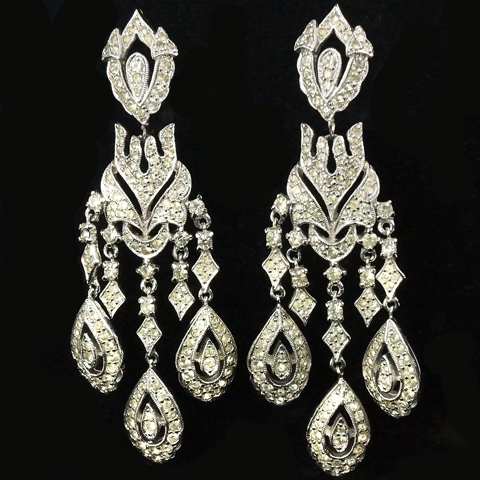 Polcini Pave Leaves Triple Pendant Clip Earrings