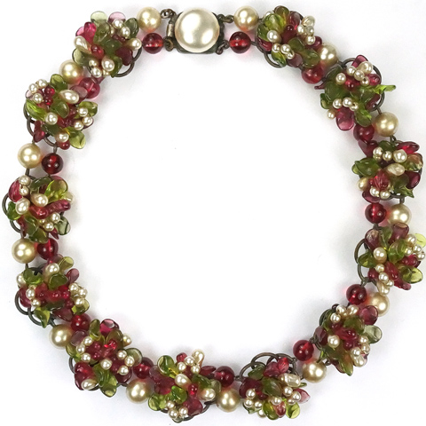 Rousselet Made in France Red and Green Poured Glass and Pearls Flower Clusters Choker Necklace