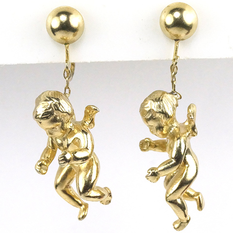 Castlecliff Golden Winged Angels Putti Pendant Clip Earrings