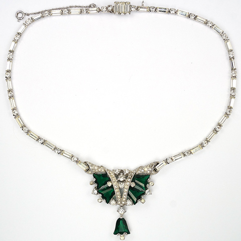 Mitchel Maer Pave Baguettes and Kite Shaped Emeralds Pendant Necklace