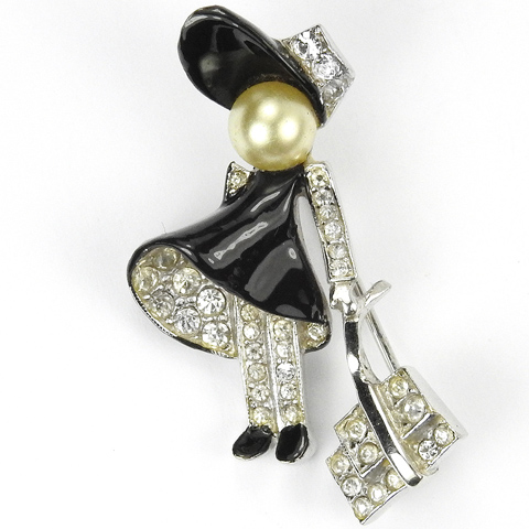 Dewees Pave Black Enamel and Pearl Schoolgirl with Satchel Pin