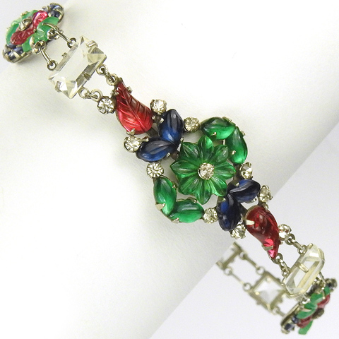 English Tricolour Fruit Salads and Crystals Silver Deco Link Bracelet