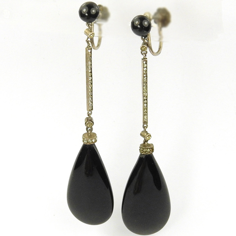 French Deco Sterling and Onyx Teadrop Pendant Screwback Earrings