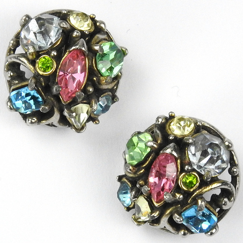 Hollycraft Gold and Multicolour Stones Button Clip Earrings