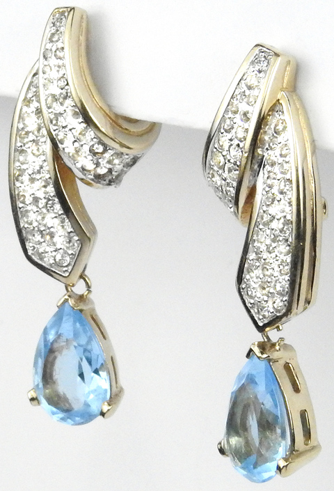 Panetta Gold and Pave Swirls and Pendant Blue Topaz Pierced Earrings
