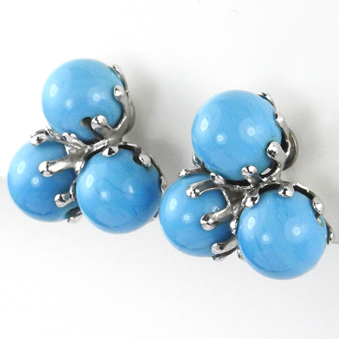 Vogue Triple Turquoise Globes Button Clip Earrings