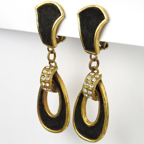 Henry a la Pensee Made In France Gold Pave and Black Velvet Loops Pendant Clip earrings