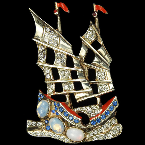 Harris Sterling Gold Opals and Enamel WW2 Allies Red White and Blue Patriotic Chinese Junk Sailing Ship in the Waves Pin