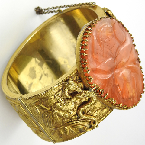 Chinese Deco Carved Carnelian Teardrop Golden Ming Dragons Bats and Birds Bangle Bracelet