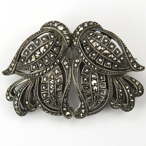 French (?) Deco Silver and Marcasite Leaf Swirls Pair of Dress Clips or Duette Pin