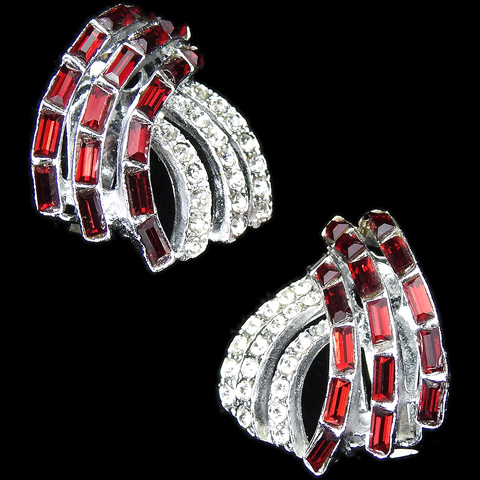 Pave and Ruby Baguette Swirls Clip Earrings