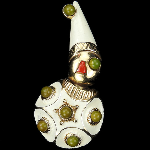 Castlecliff Gold Jade Cabochon and White Enamel Trembler Clown Pin Clip