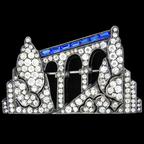 Deco ? French Pave Sterling and Invisibly Set Sapphires Aqueduct or Train on a Viaduct Scene Pin 