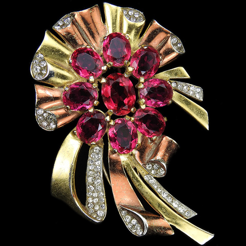 Leo Glass Pave Two Colour Gold and Rubies Floral Bow Swirl Rosette Pin Clip