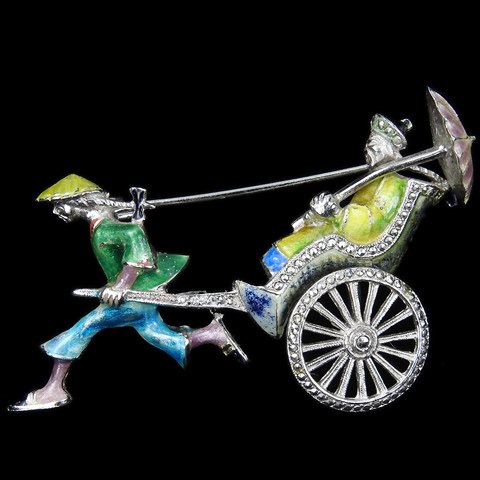 Hermann Schwager Germany Sterling Chinese Man in a Hat Pulling a Mandarin with Parasol in a Rickshaw Pin