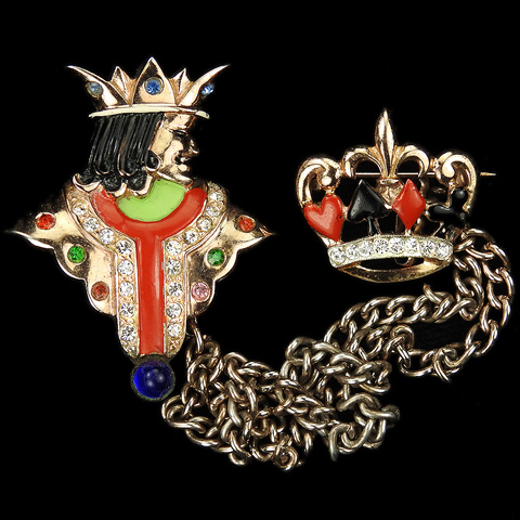 Urie Mandle Sterling 'Murray Slater' Pave and Enamel Jack and Crown Playing Card Chatelaine Pins