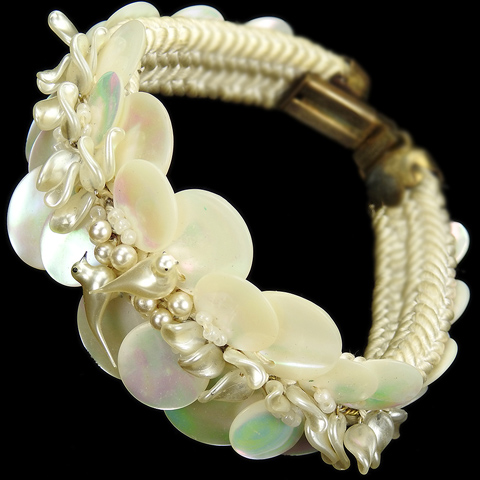 Made in France White Mother of Pearl Discs Poured Glass Birds Seed Pearls and Woven Fabric Bracelet
