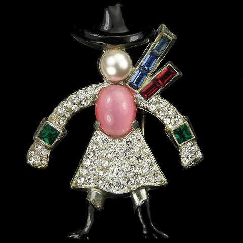 After Dujay (1939 copy) Pave Moonstone Enamel and Pearl Cowgirl with Hat Scarf and Boots Pin Clip