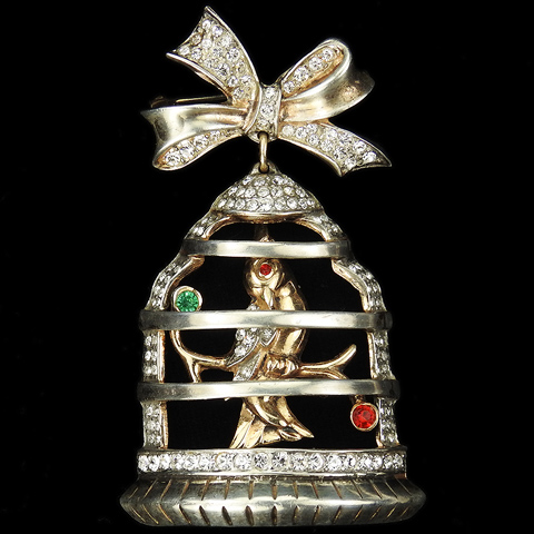 'Frank Gargano' Sterling Pave Emerald and Ruby Love Bird in a Cage Pendant from a Bowknot Pin 