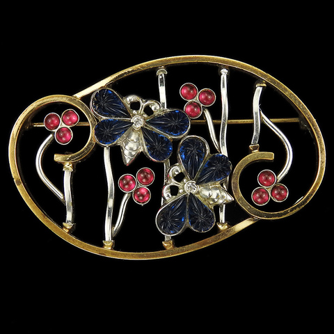Kreisler USA Fruit Salad Butterflies and Ruby Cabochon Flowers on a Gold and Rhodium Lattice Floral Scene Pin