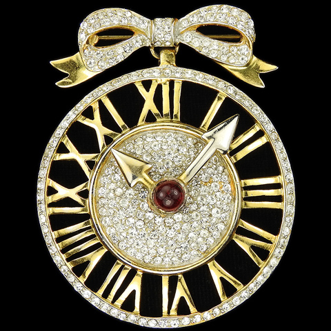 Castlecliff Gold Pave and Ruby Cabochon Clock Face with Moveable Hands Pendant from a Bow Pin