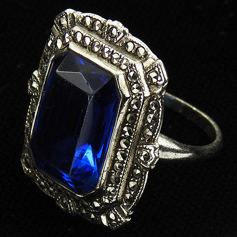Uncas Mfg Deco Sterling Marcasites and Sapphire Finger Ring