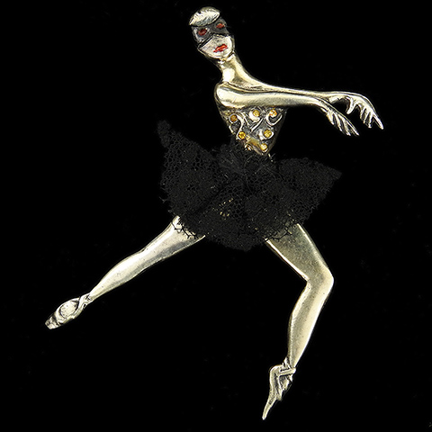 Mosell Sterling Masked Ballerina in a Black Lace Net Tutu Ballet Dancer Pin