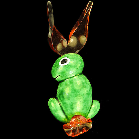 Elzac 'Bunnykins' Green Ceramic Rabbit with Orange Jellybelly Lucite Ears and Tail Pin