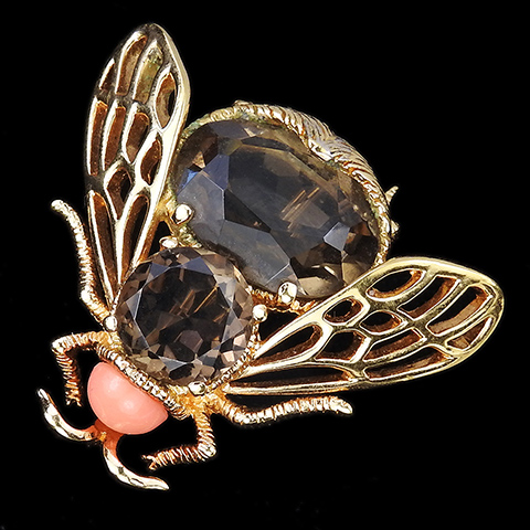 Panetta Gold Coral and Smoky Topaz Open Winged Bug Pin