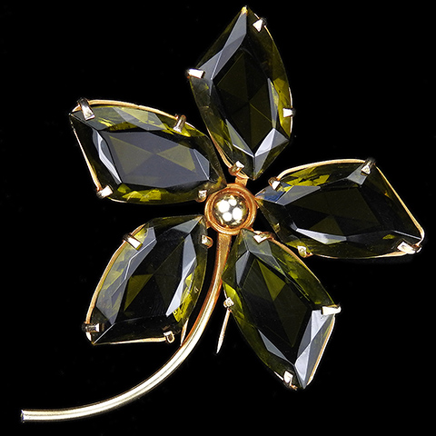 French Gold and Irregular Cut Gemset Olivene Crystals Giant Five Petalled Flower Pin