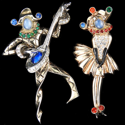 Urie Mandle 'Murray Slater' Sterling Gold Pave and Moonstone Cabochons Columbine and Harlequin with Mandolin Pair of Pins (or Chatelaine)