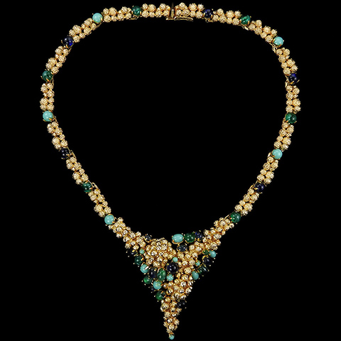 Henkel and Grosse Germany Gold Nuggets Emerald Sapphire and Turquoise Cabochons Grapes Necklace