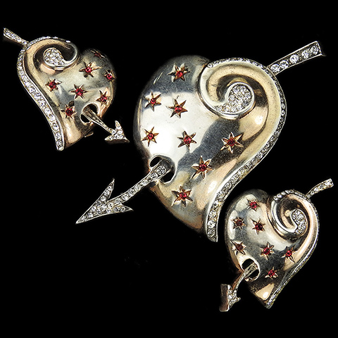 Lavenia Sterling Ruby Star Spangled Heart Pierced by Cupid's Arrow Pin and Clip Earrings Set