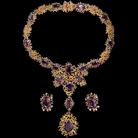 Panetta Gold and Teardrop Amethyst Giant Pendant Necklace and Clip Earrings Set