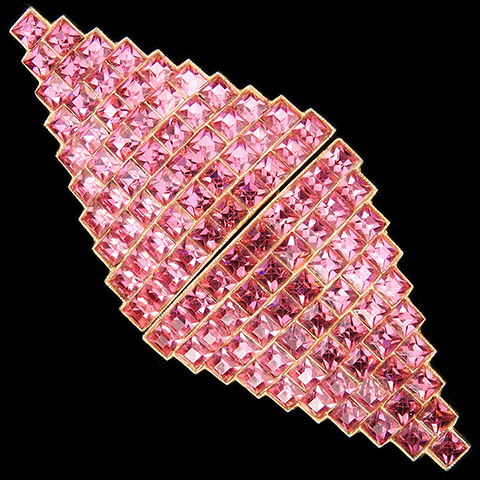 'Fielding and Whitaker' Deco Gold and Invisibly Set Pink Topaz Double Triangle Pair of Dress Clips or Duette Pin