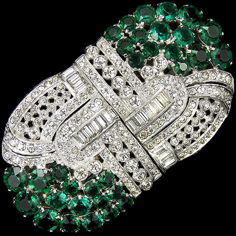 'Fielding and Whitaker' Pave Baguettes and Emerald Clusters Pair of Deco Dress Clips or Clipmate Pin